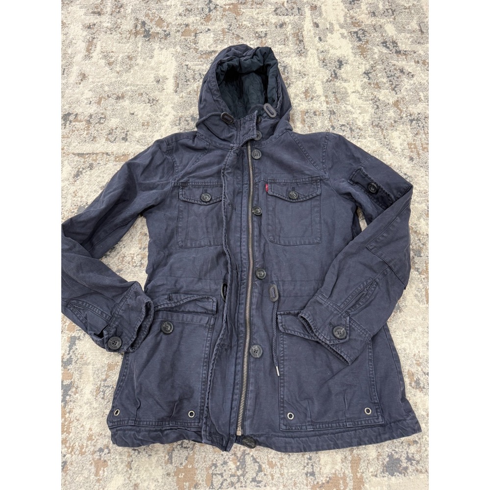 Levi Strauss & Co Mens Navy Blue Hooded Field Jacket Quilted Lining Small